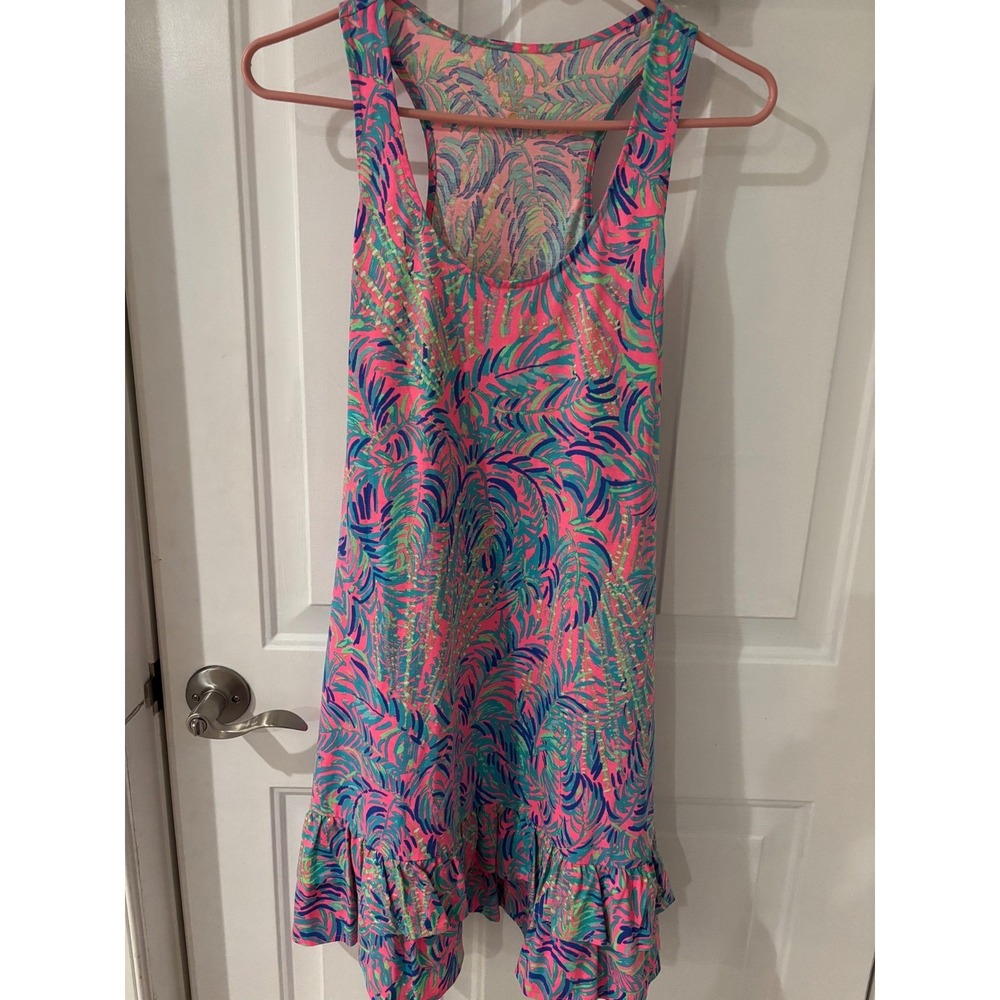 Lilly Pulitzer Ruffle Hem‎ Tank Dress Sleeveless Palm Print Pink S
